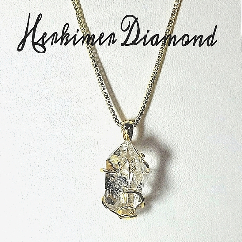 LARGE GENUINE HERKIMER DIAMOND 18K Gold Wrapped Pendant 18kg Bx Chain Necklace